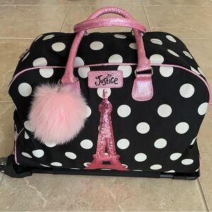 Justice Black, White Polka Dot Bag with Pink glimmer Eiffel Tower and fur hang